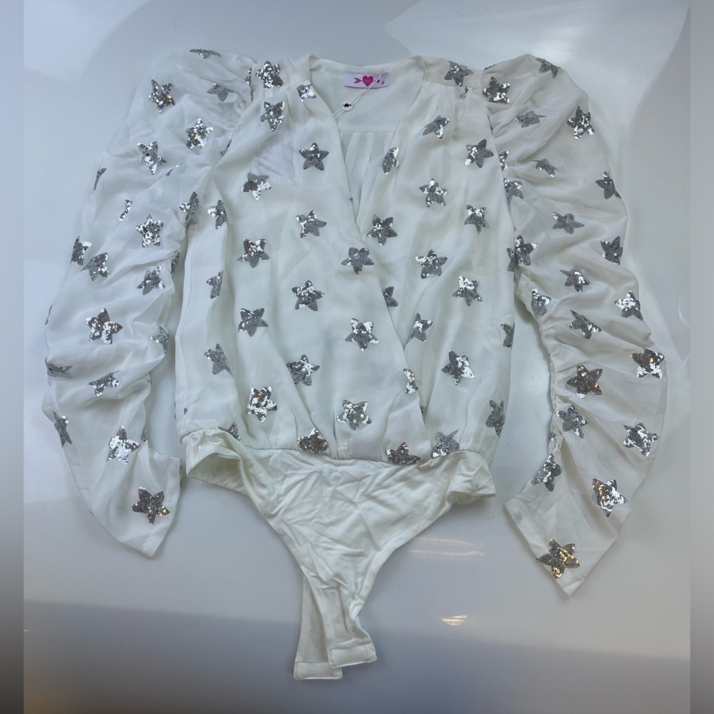 BuddyLove White Silver Stars Sequined Joan Surplice Neckline Bodysuit N263 - Picture 3 of 11